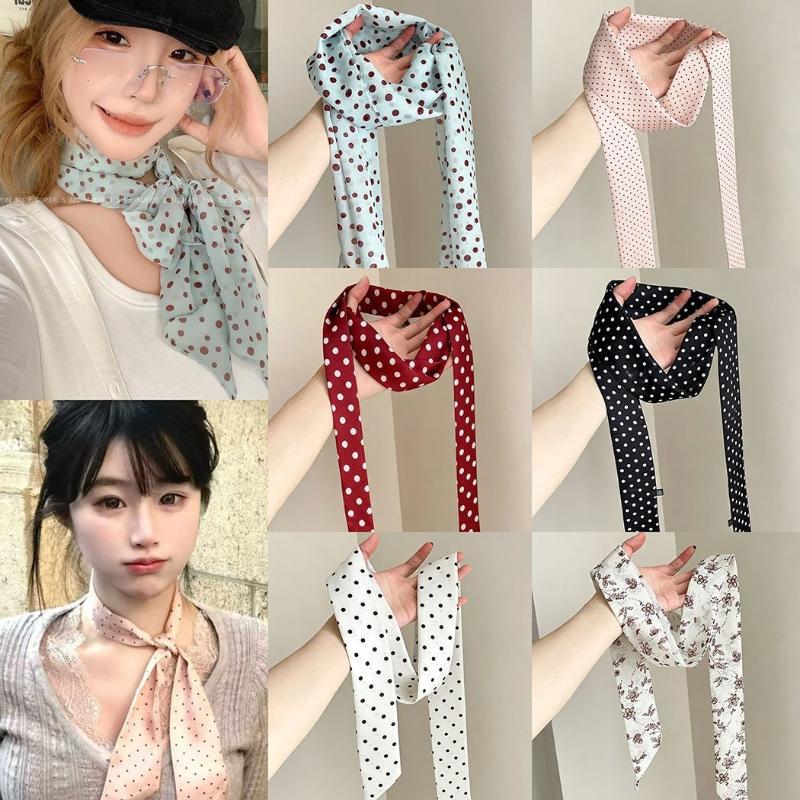 Ascot Neck Scarf - Polka Dot Floral Print Silk Scarf